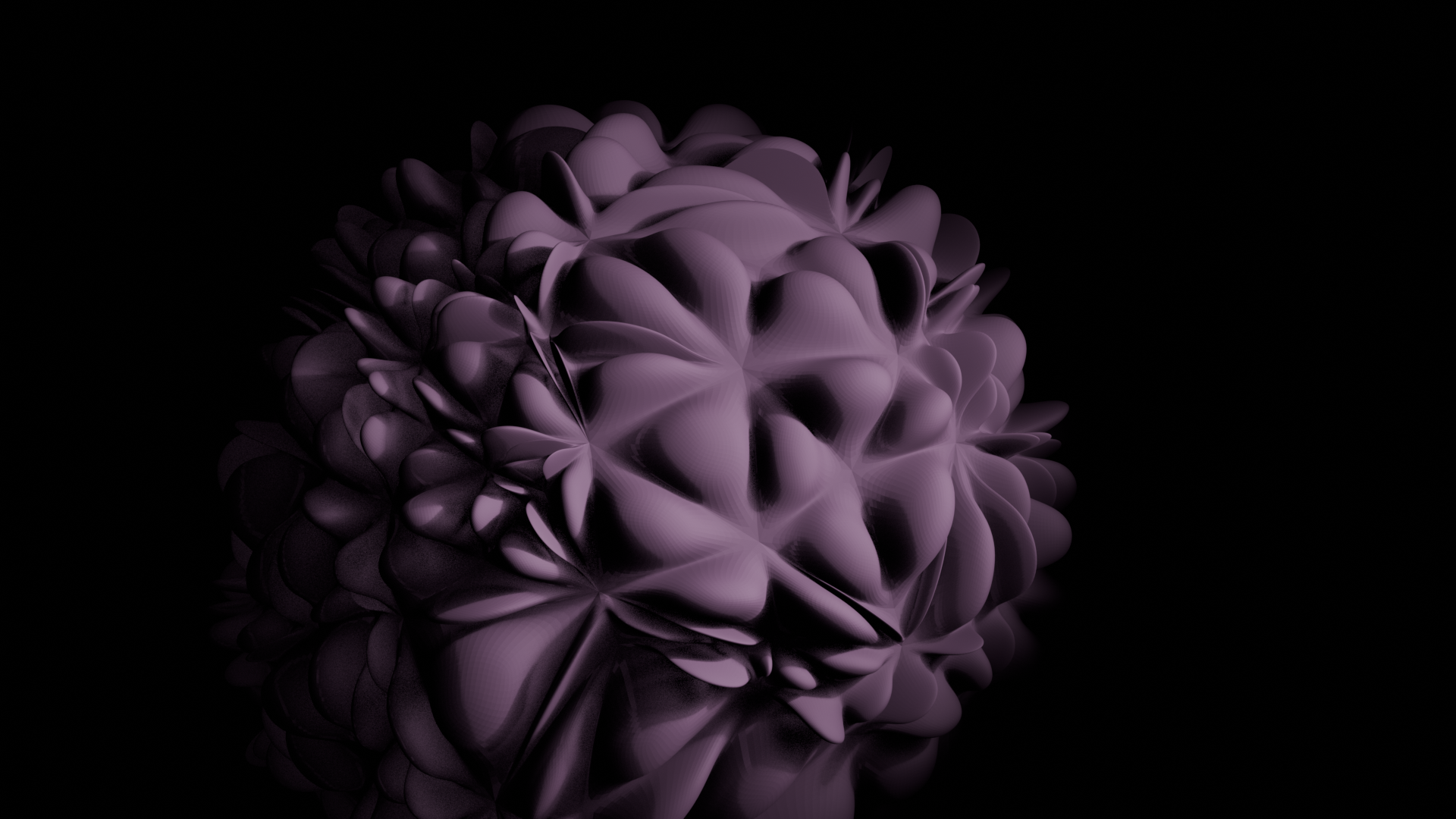 3D Render of an abstract bumpy purple form. The object is harshly lit in an otherwise dark environment